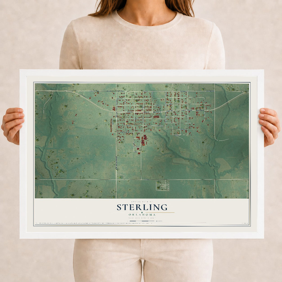 Map of Sterling, Oklahoma, 12 x 18 inch print in a white wood frame