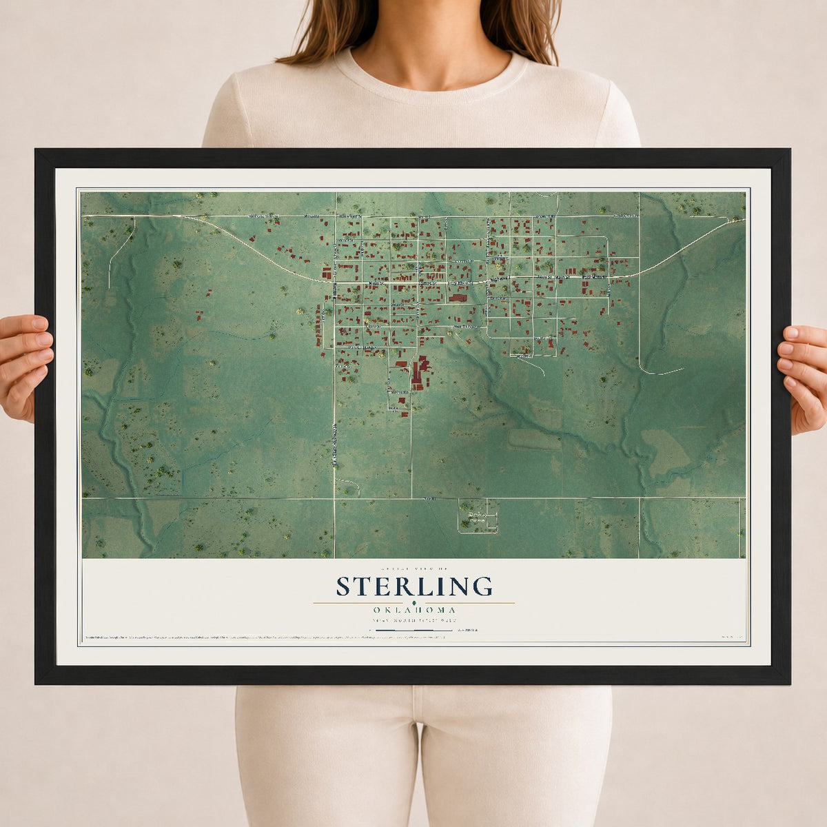 Map of Sterling, Oklahoma, 18 x 24 inch print in a black wood frame