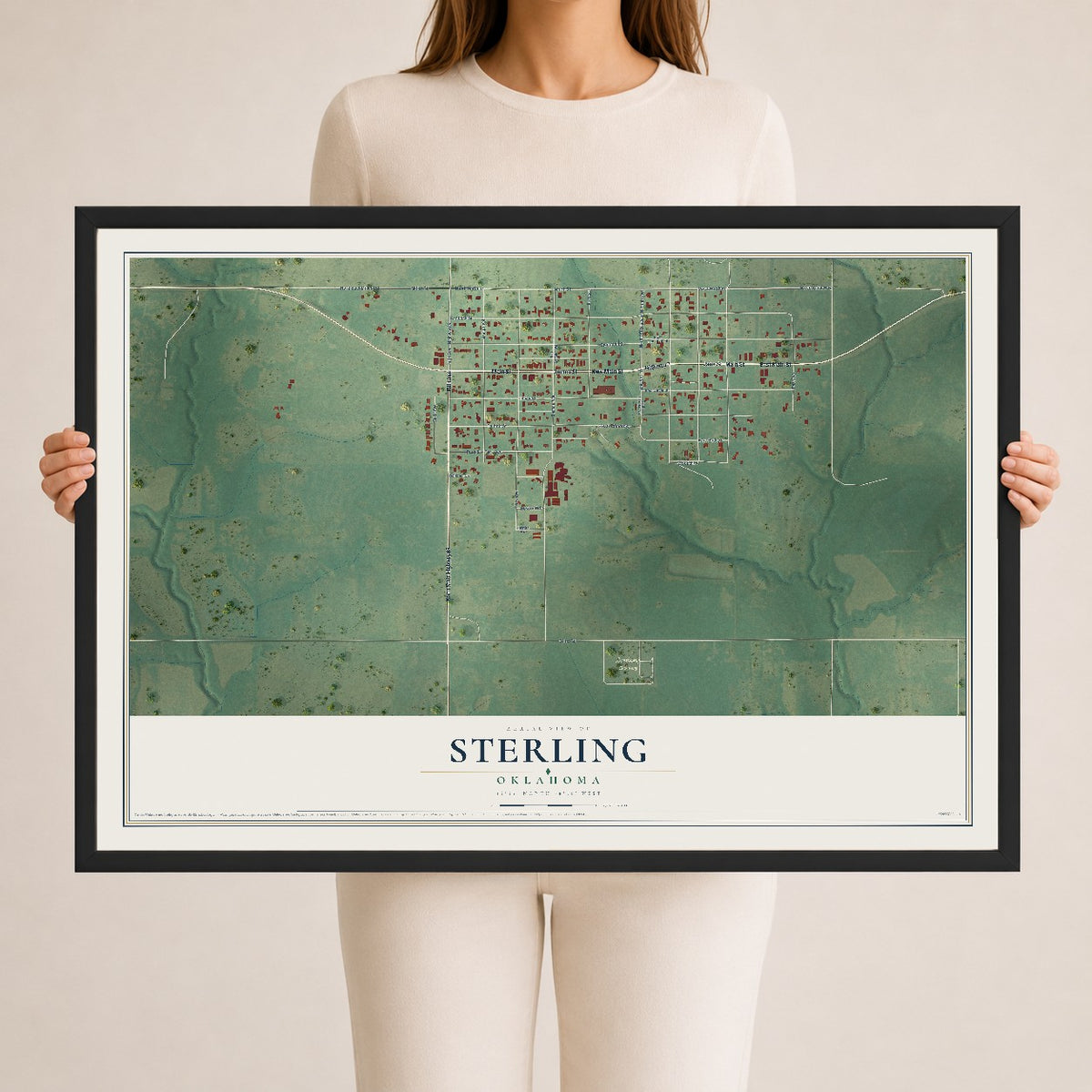Map of Sterling, Oklahoma, 24 x 36 inch print in a black wood frame