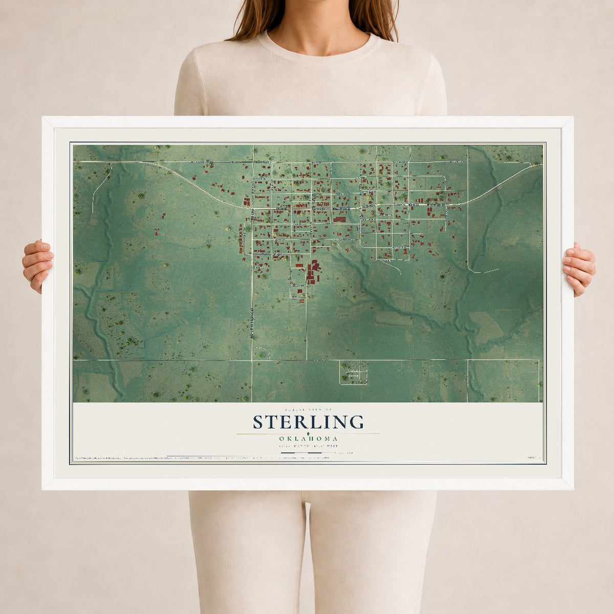 Map of Sterling, Oklahoma, 24 x 36 inch print in a white wood frame