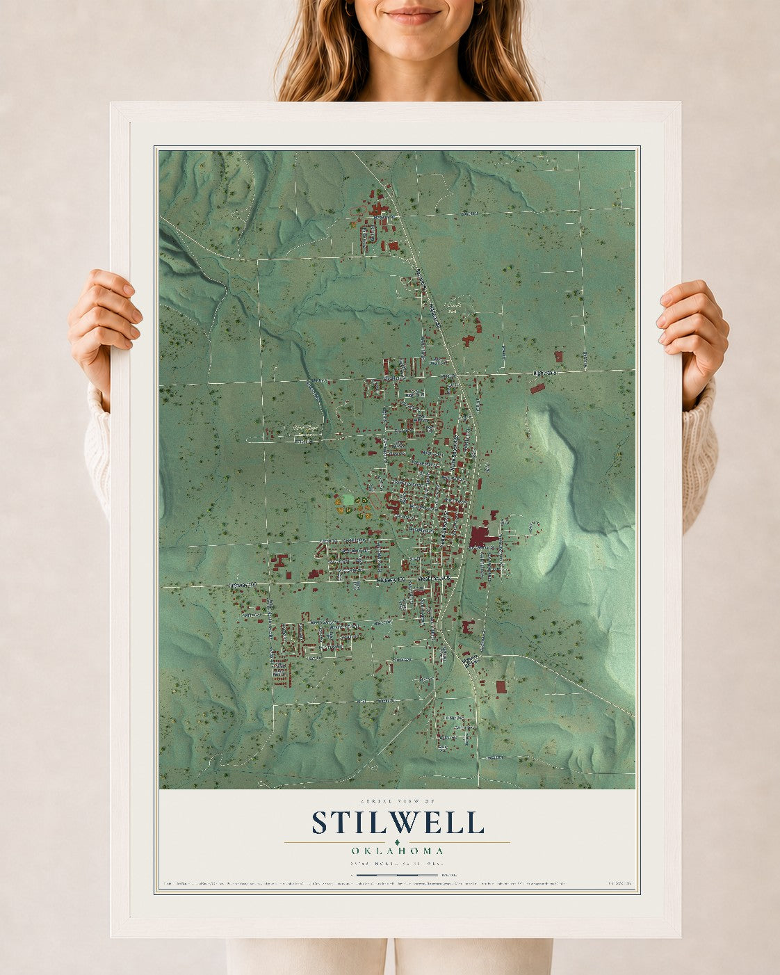 Map of Stilwell, Oklahoma, 24 x 36 inch print in a white wood frame