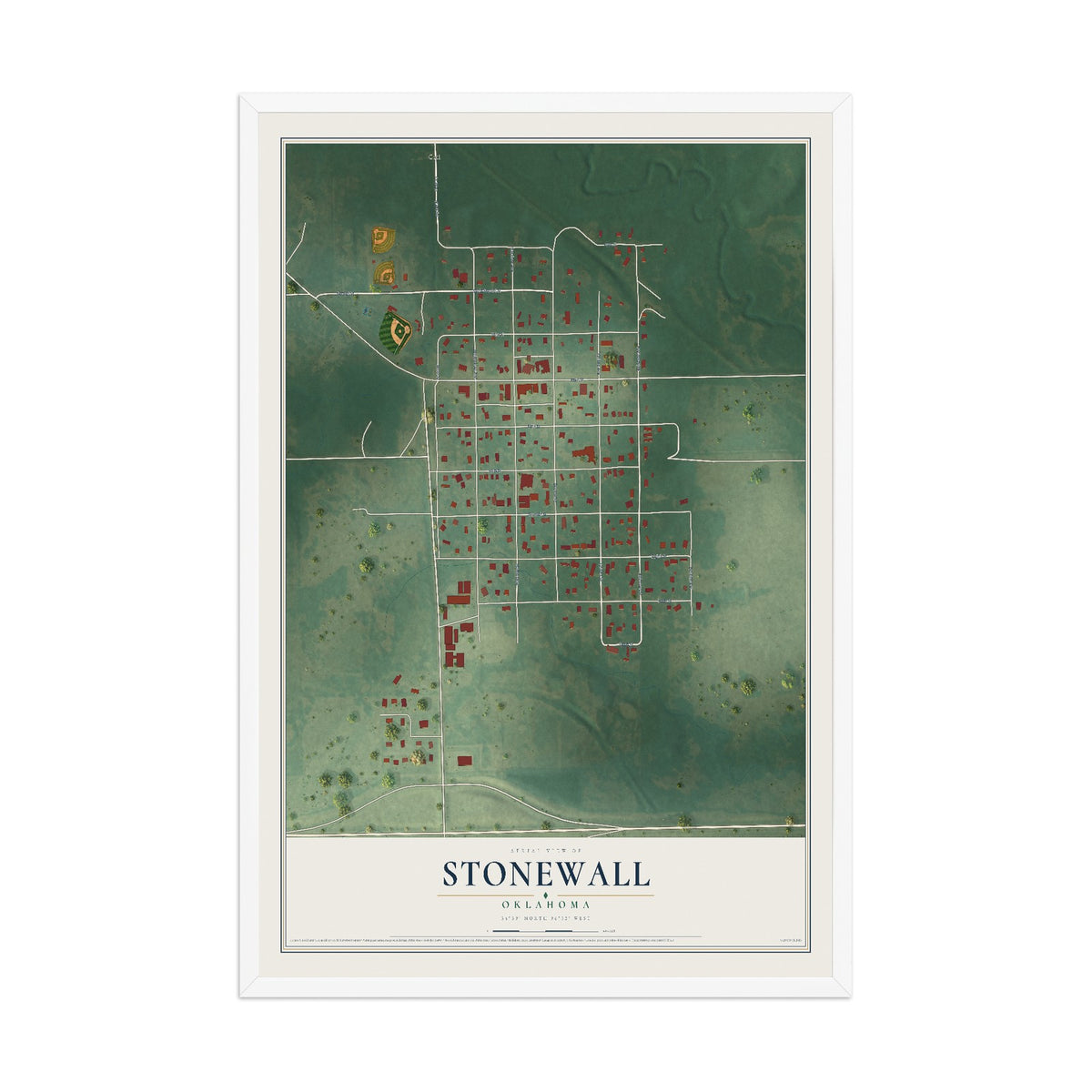 Map of Stonewall, Oklahoma, 12 x 18 inch print in a white wood frame
