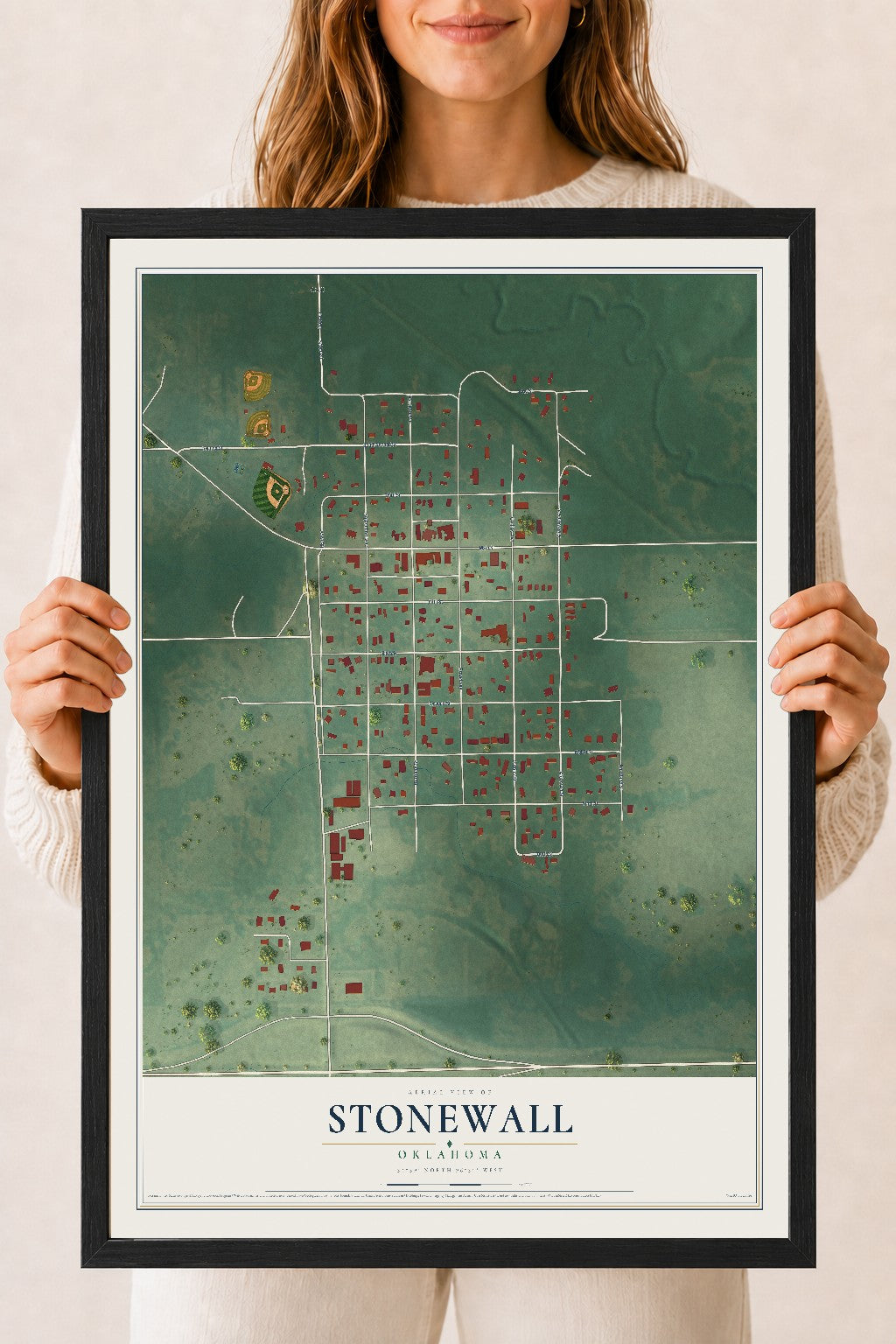 Map of Stonewall, Oklahoma, 18 x 24 inch print in a black wood frame