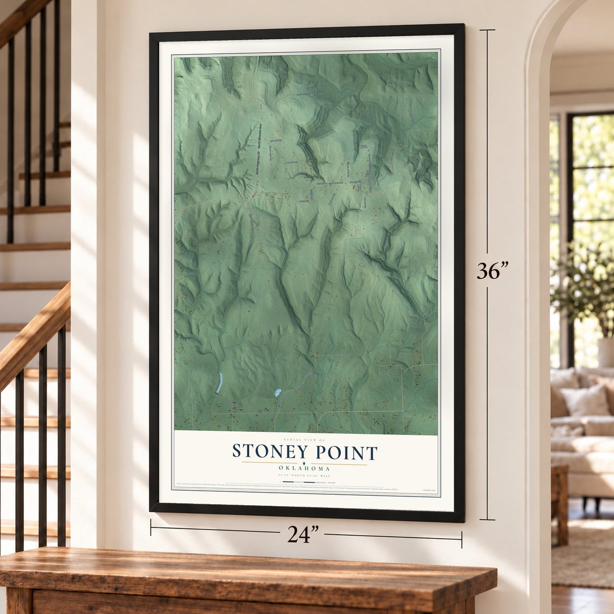 Stoney Point, Oklahoma map, 24 x 36 inch print in a black frame by a staircase