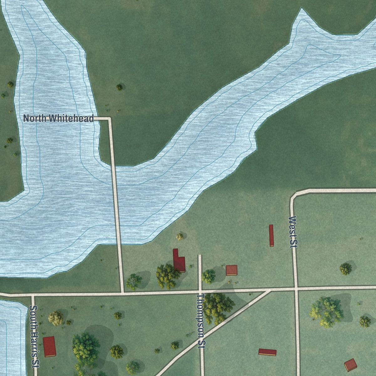 Close-up of the map of Strang, Oklahoma print showing street and building detail