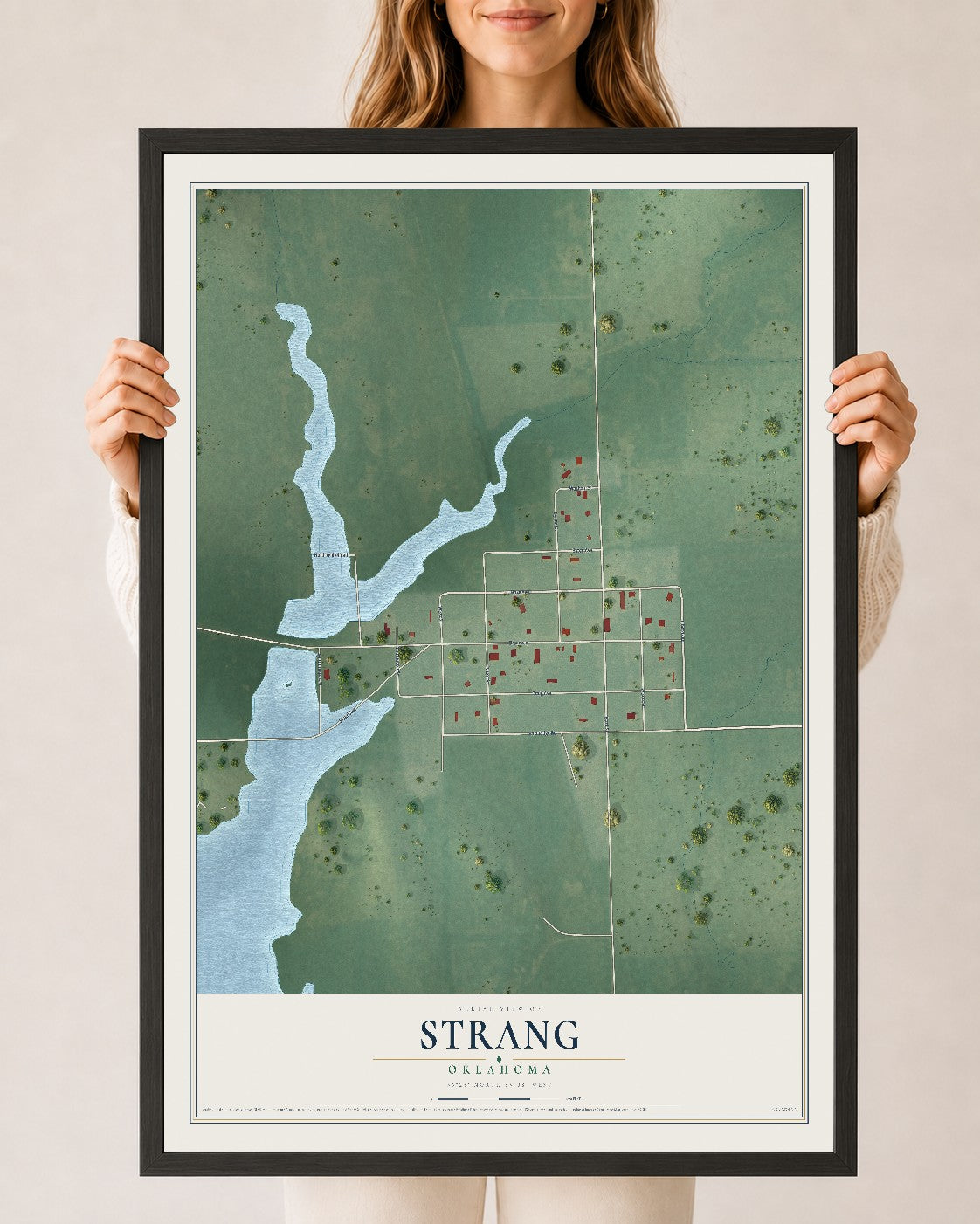 Map of Strang, Oklahoma, 24 x 36 inch print in a black wood frame