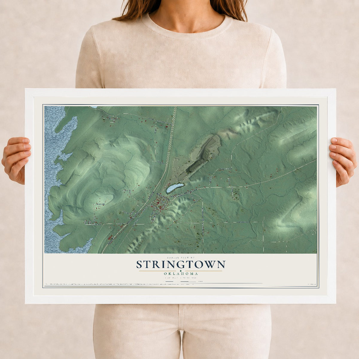 Map of Stringtown, Oklahoma, 12 x 18 inch print in a white wood frame