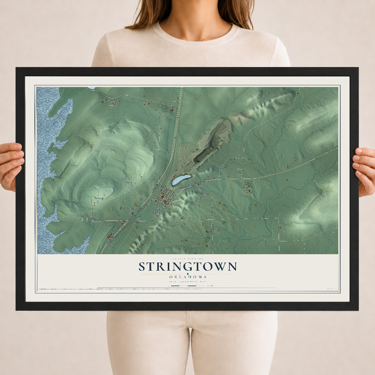 Map of Stringtown, Oklahoma, 18 x 24 inch print in a black wood frame