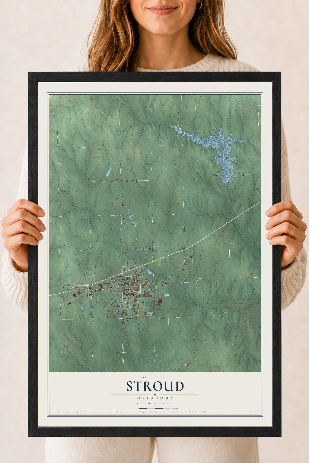 Map of Stroud, Oklahoma, 18 x 24 inch print in a black wood frame