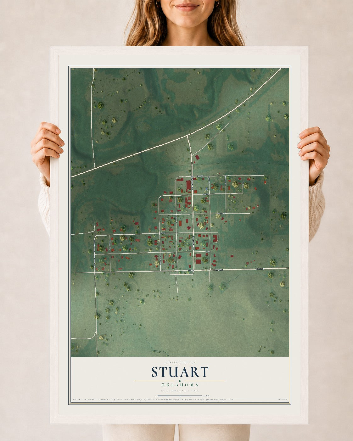 Map of Stuart, Oklahoma, 24 x 36 inch print in a white wood frame