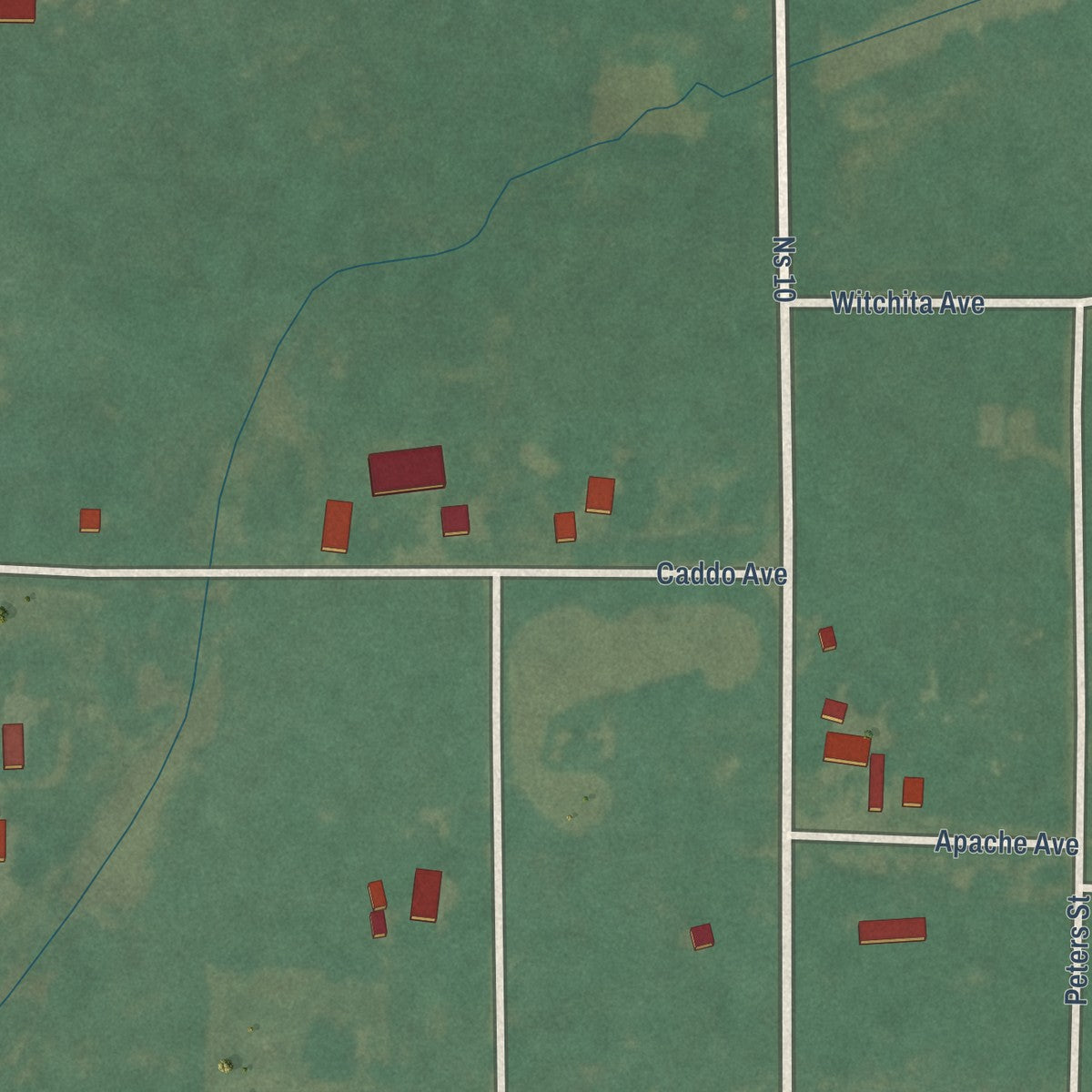 Close-up of the map of Sugden, Oklahoma print showing street and building detail