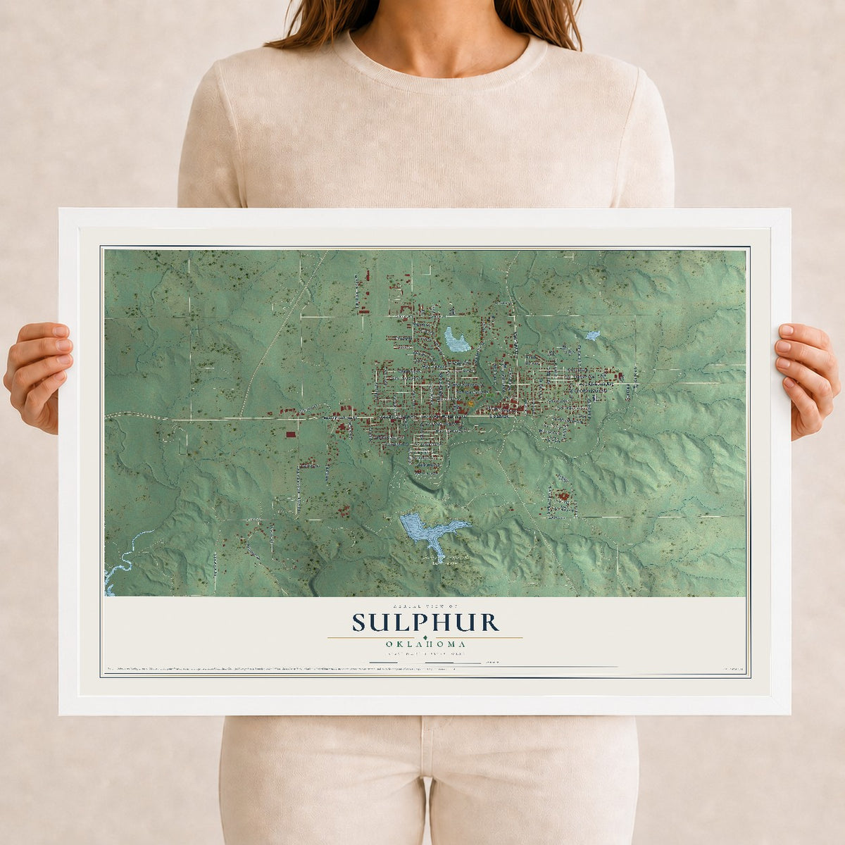 Map of Sulphur, Oklahoma, 12 x 18 inch print in a white wood frame