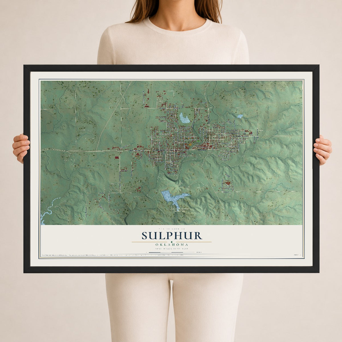 Map of Sulphur, Oklahoma, 24 x 36 inch print in a black wood frame