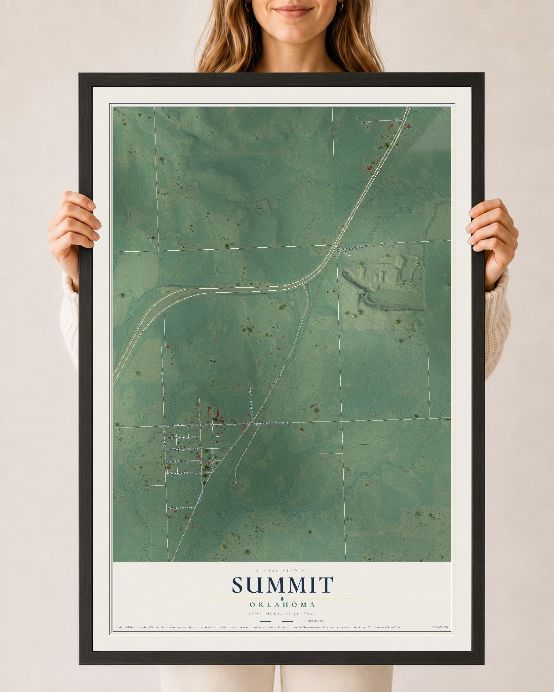 Map of Summit, Oklahoma, 24 x 36 inch print in a black wood frame