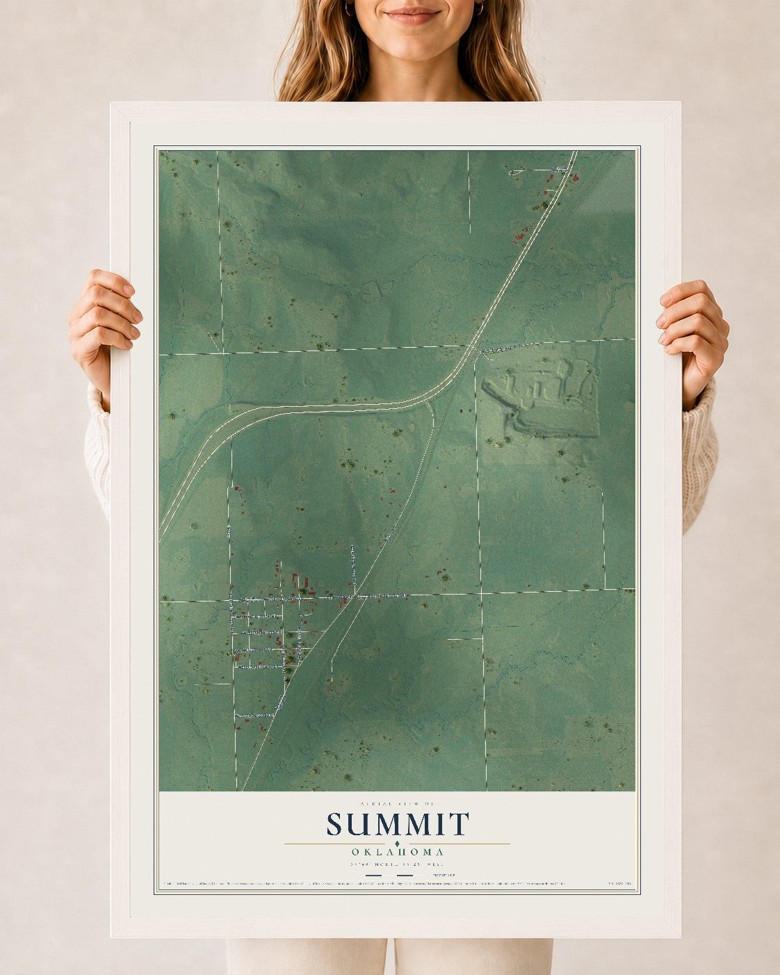Map of Summit, Oklahoma, 24 x 36 inch print in a white wood frame