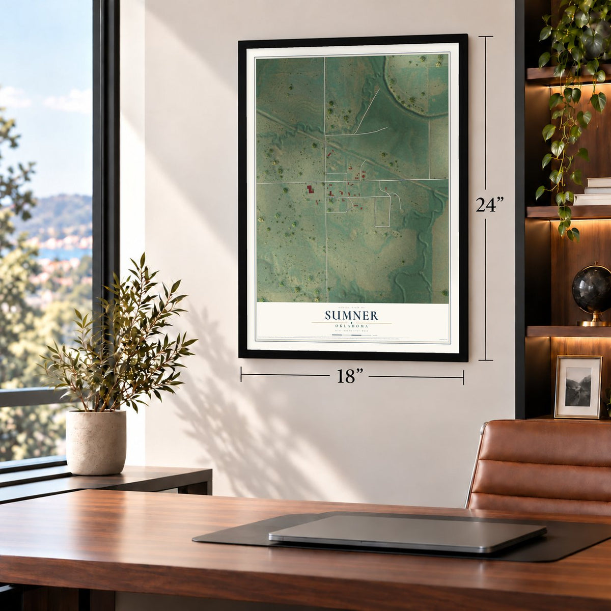 Sumner, Oklahoma map, 18 x 24 inch print in a black frame in a home office