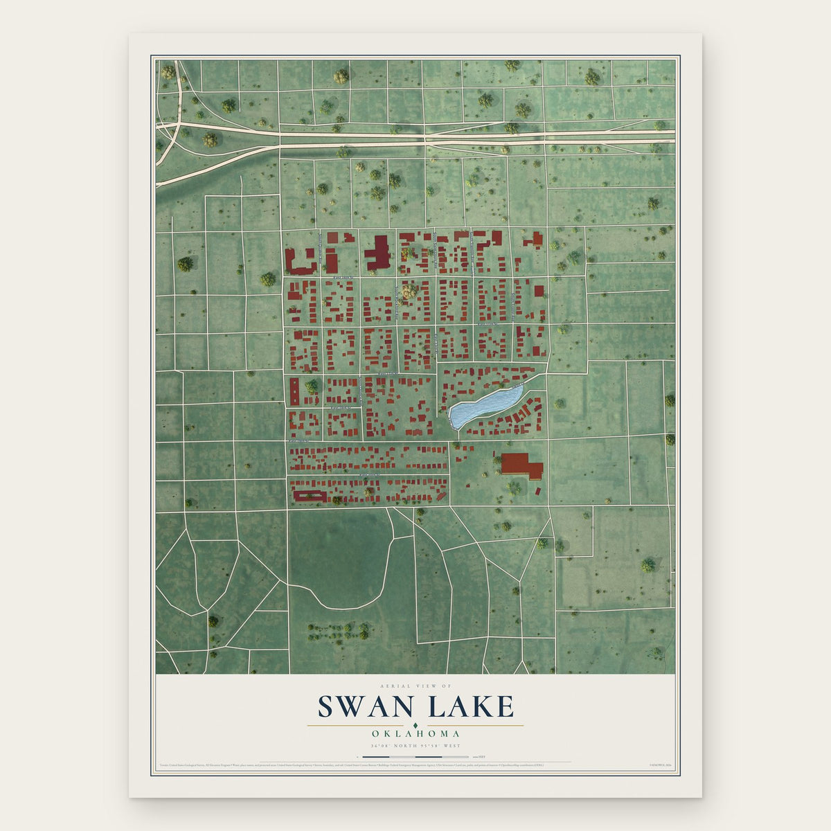 Swan Lake, Oklahoma map print, the full design