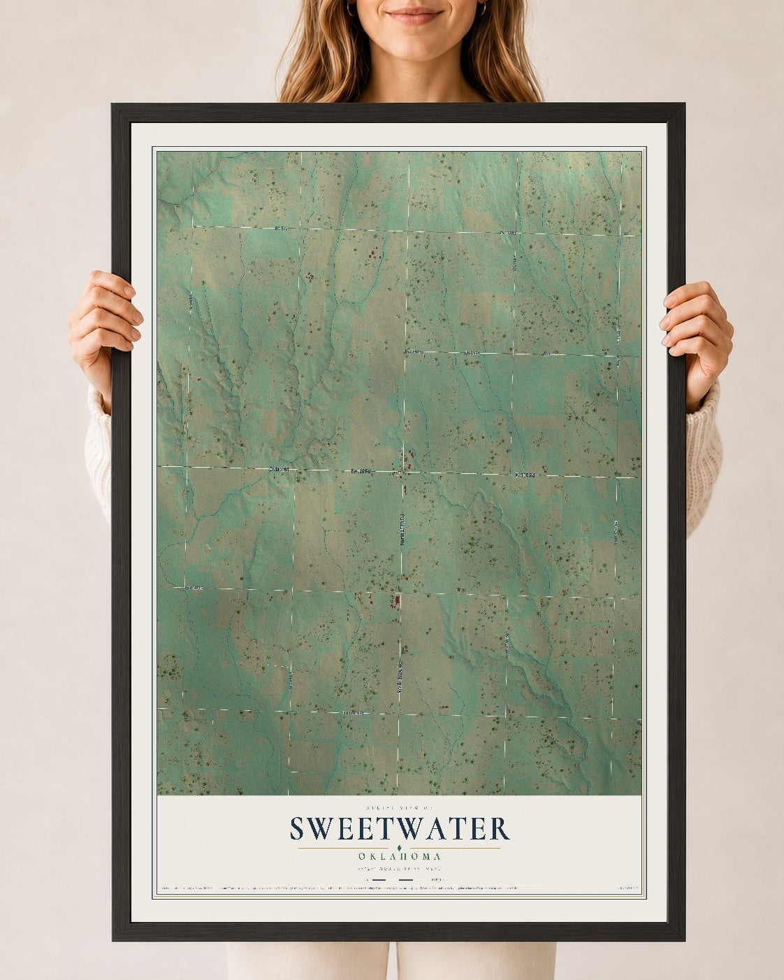 Map of Sweetwater, Oklahoma, 24 x 36 inch print in a black wood frame