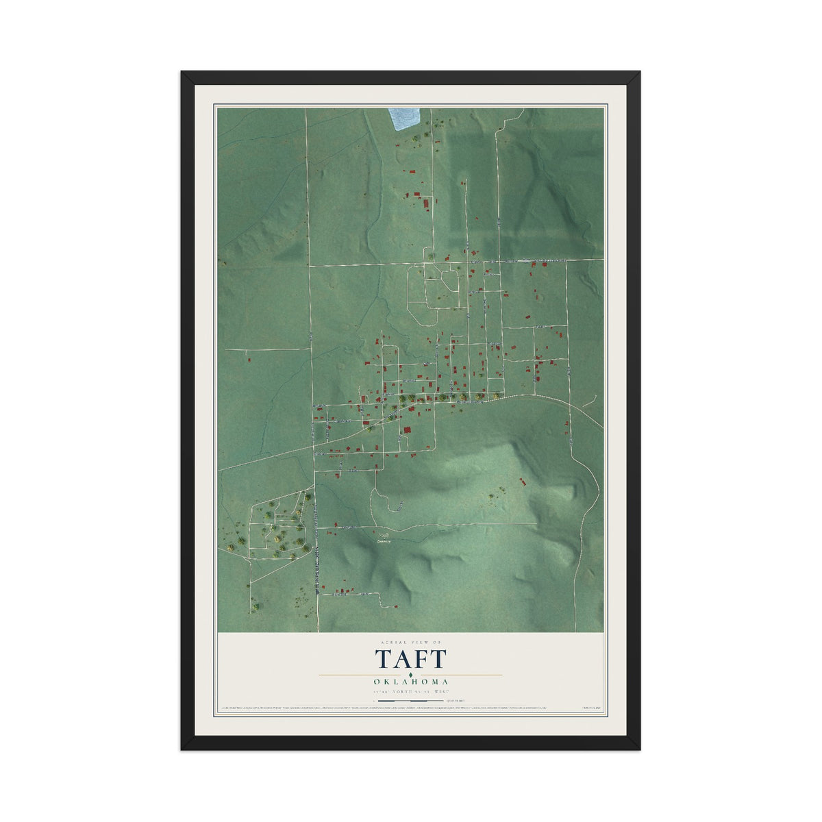 Map of Taft, Oklahoma, 12 x 18 inch print in a black wood frame