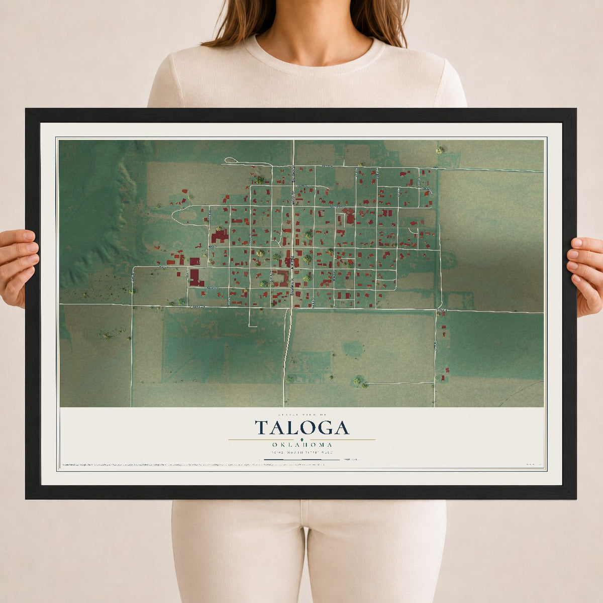 Map of Taloga, Oklahoma, 18 x 24 inch print in a black wood frame