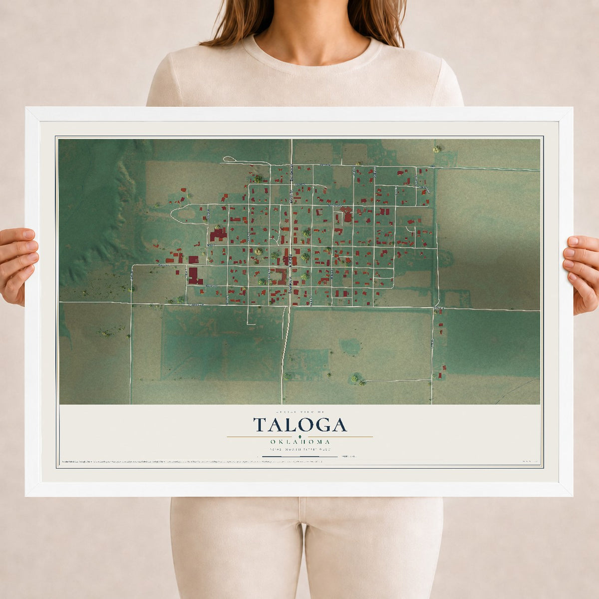 Map of Taloga, Oklahoma, 18 x 24 inch print in a white wood frame