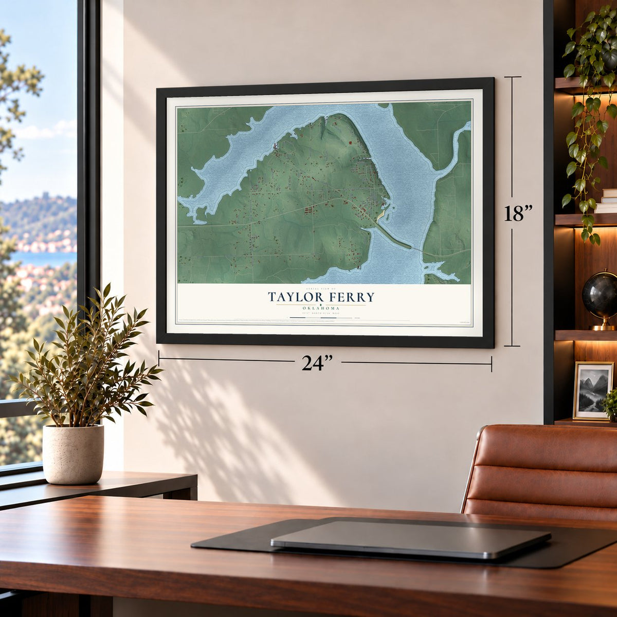 Taylor Ferry, Oklahoma map, 18 x 24 inch print in a black frame in a home office