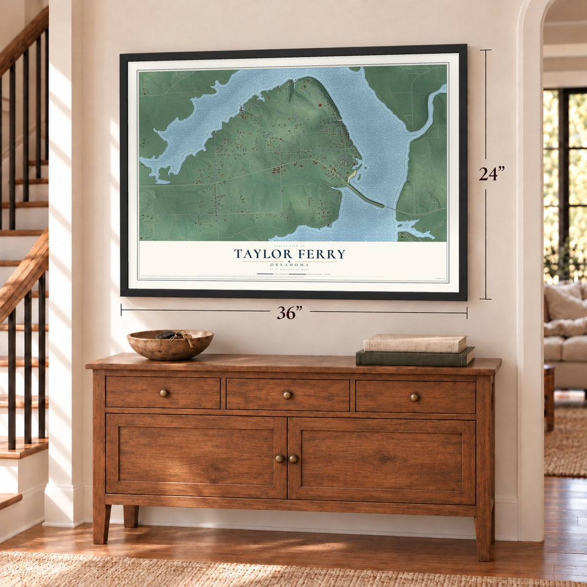 Taylor Ferry, Oklahoma map, 24 x 36 inch print in a black frame above a dresser by a staircase