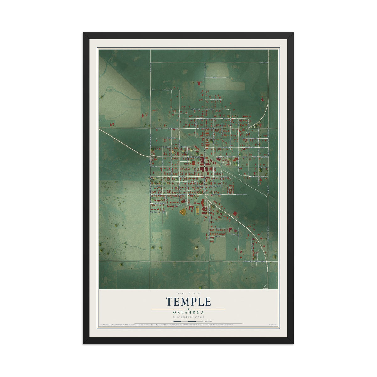 Map of Temple, Oklahoma, 12 x 18 inch print in a black wood frame