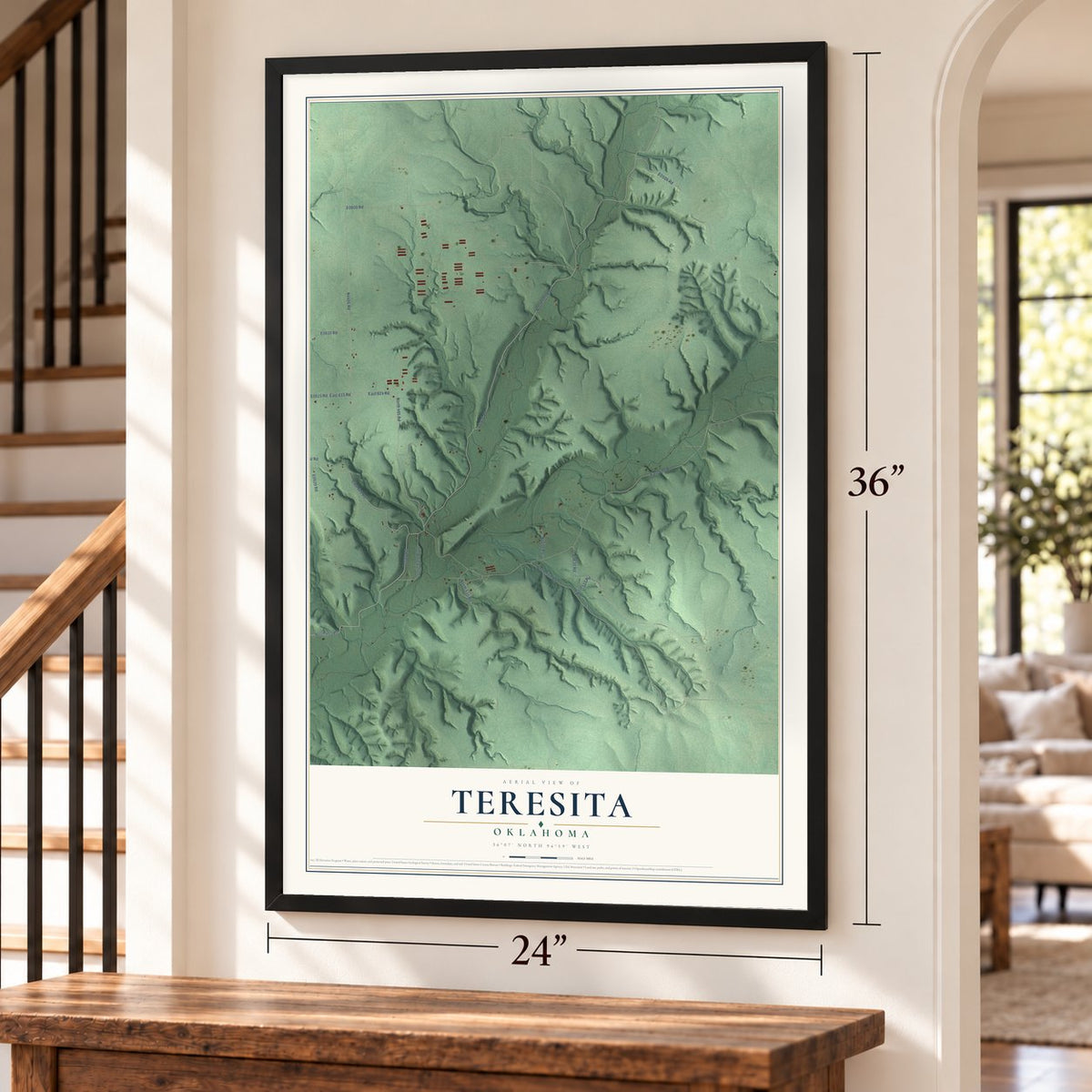 Teresita, Oklahoma map, 24 x 36 inch print in a black frame by a staircase
