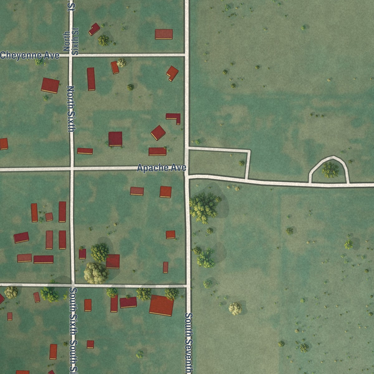 Second close-up of the map of Terral, Oklahoma print showing more streets and buildings