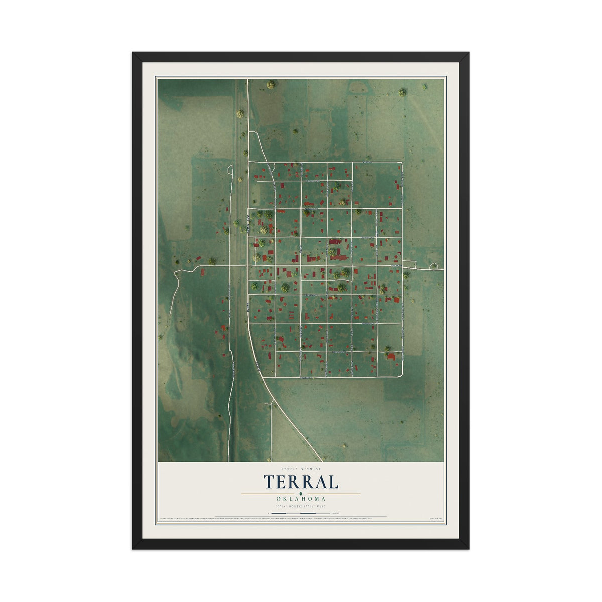 Map of Terral, Oklahoma, 12 x 18 inch print in a black wood frame