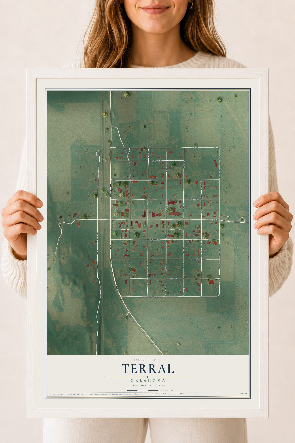 Map of Terral, Oklahoma, 18 x 24 inch print in a white wood frame