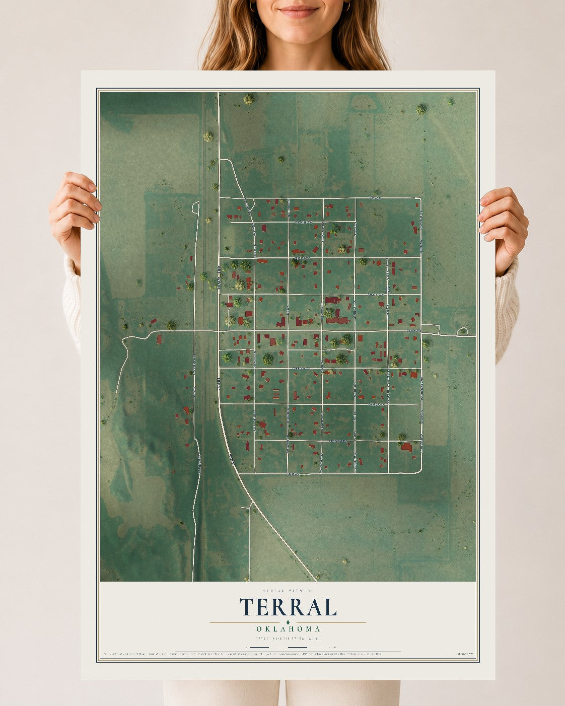 Map of Terral, Oklahoma, 24 x 36 inch unframed archival matte print