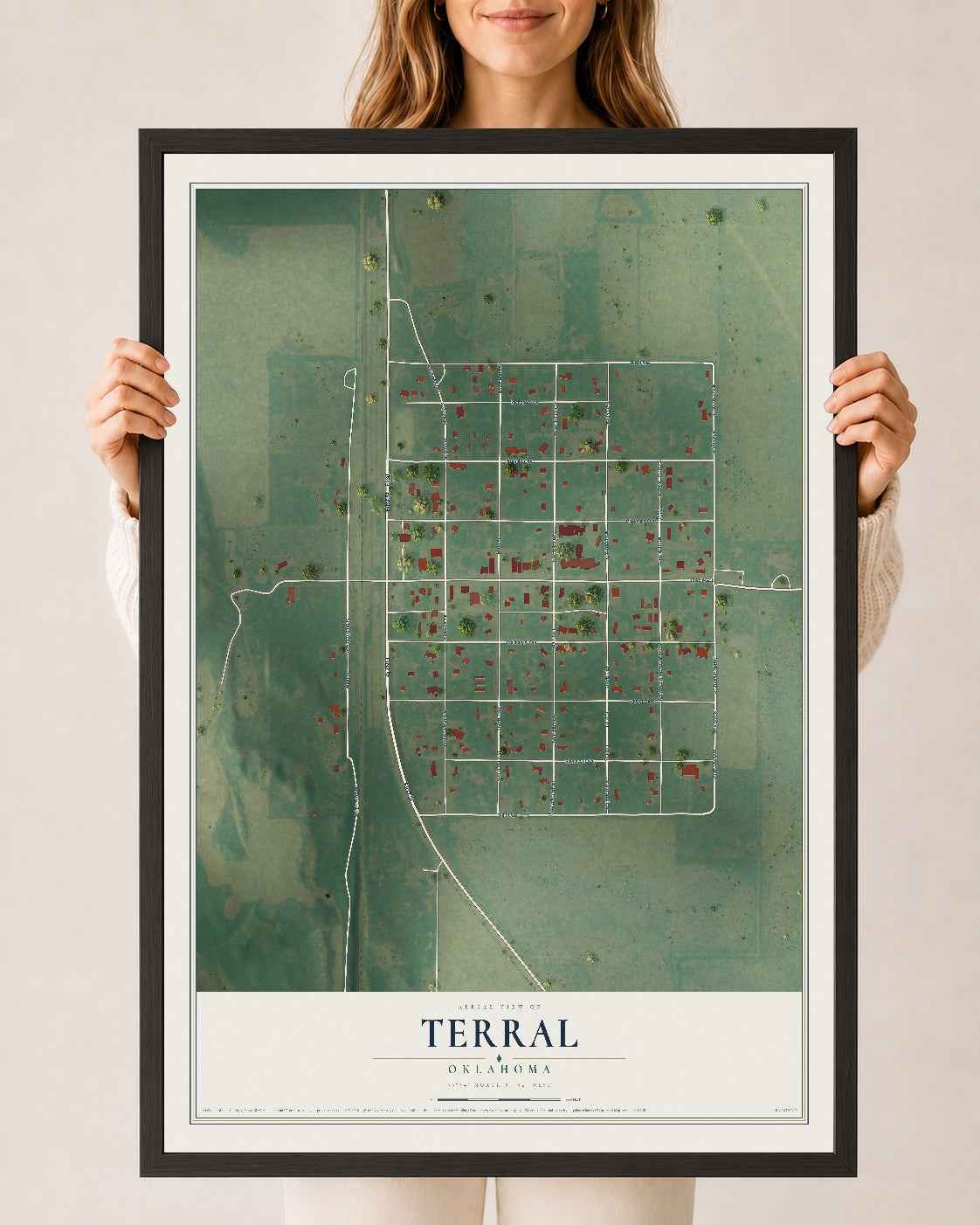 Map of Terral, Oklahoma, 24 x 36 inch print in a black wood frame