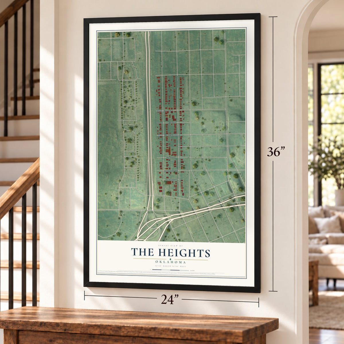 The Heights, Oklahoma map, 24 x 36 inch print in a black frame by a staircase