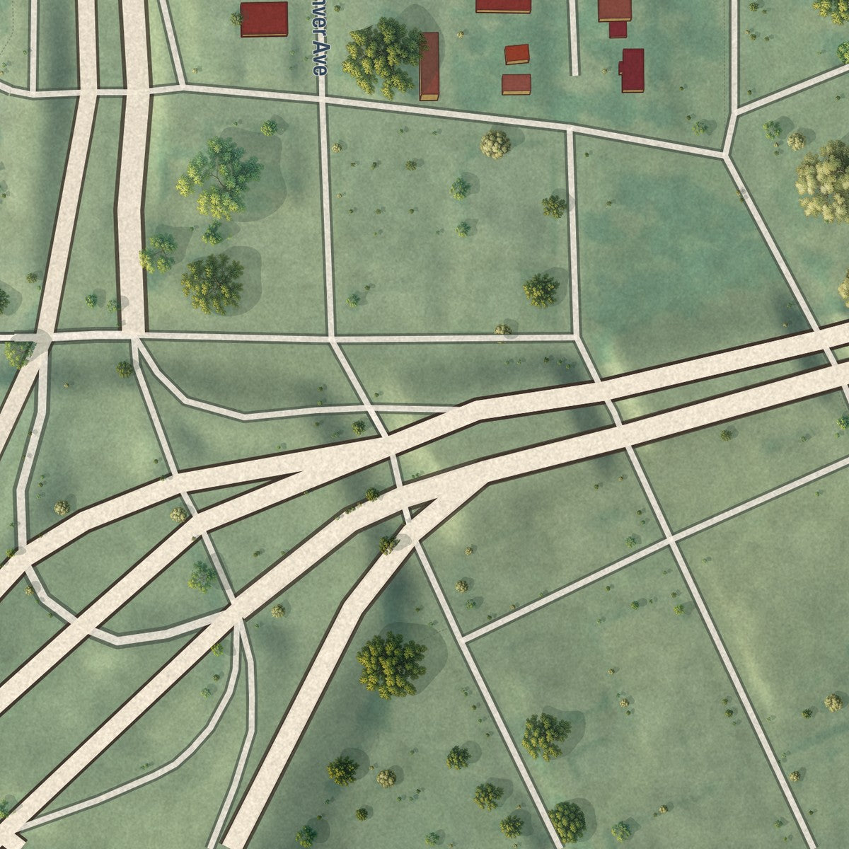 Close-up of the map of The Heights, Oklahoma print showing street and building detail