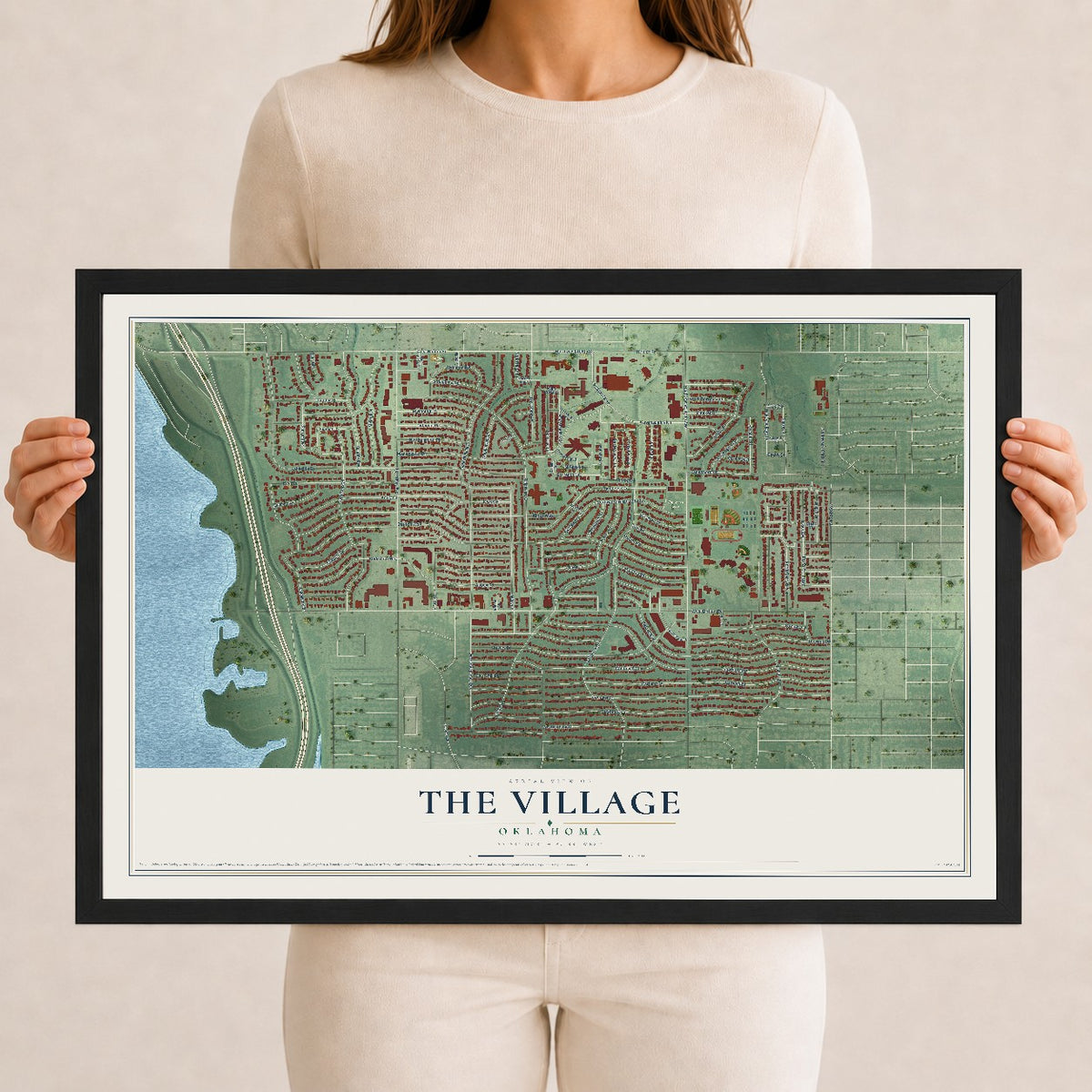 Map of The Village, Oklahoma, 12 x 18 inch print in a black wood frame