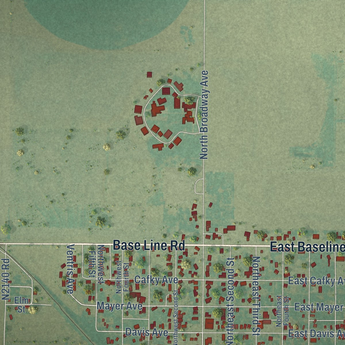 Close-up of the map of Tipton, Oklahoma print showing street and building detail