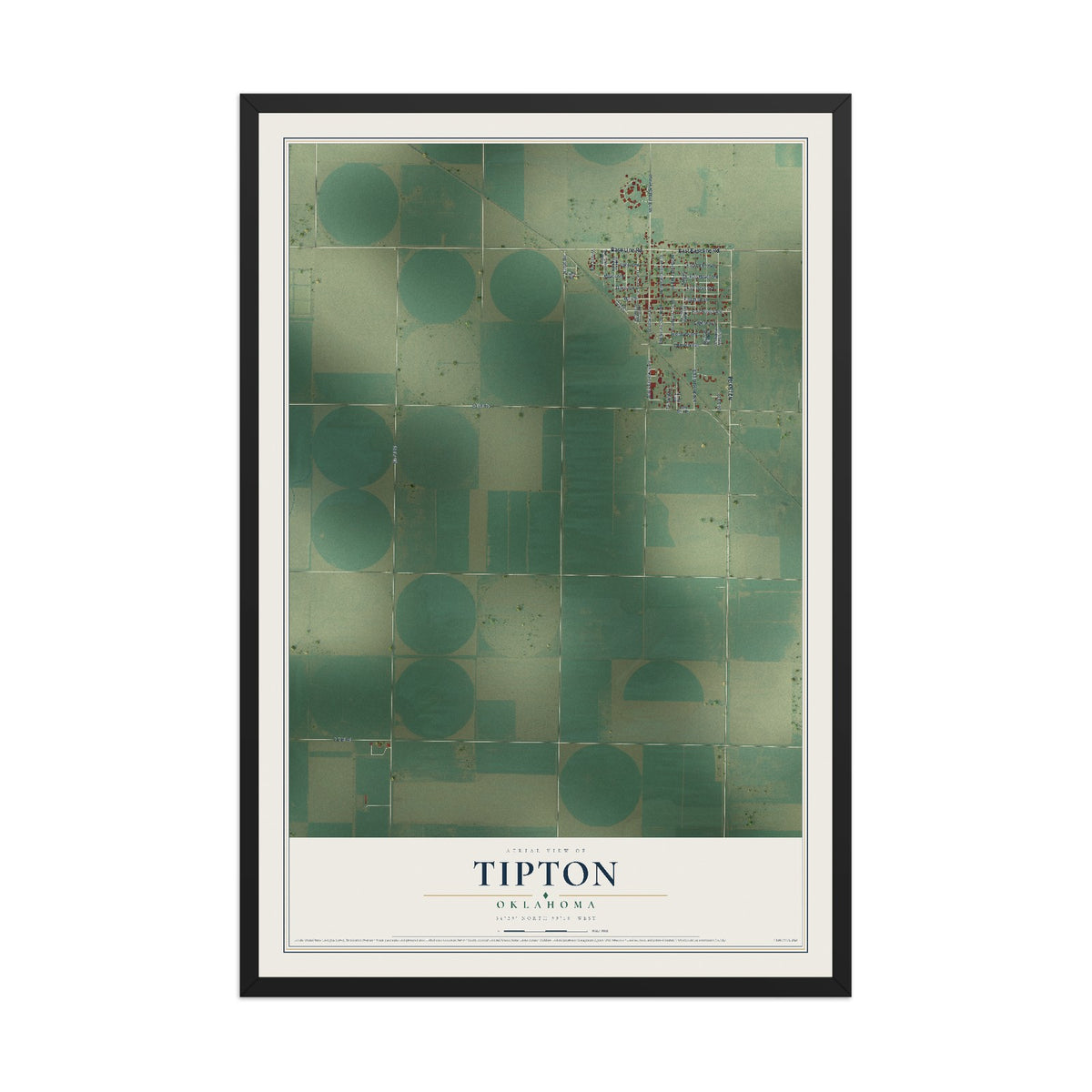 Map of Tipton, Oklahoma, 12 x 18 inch print in a black wood frame