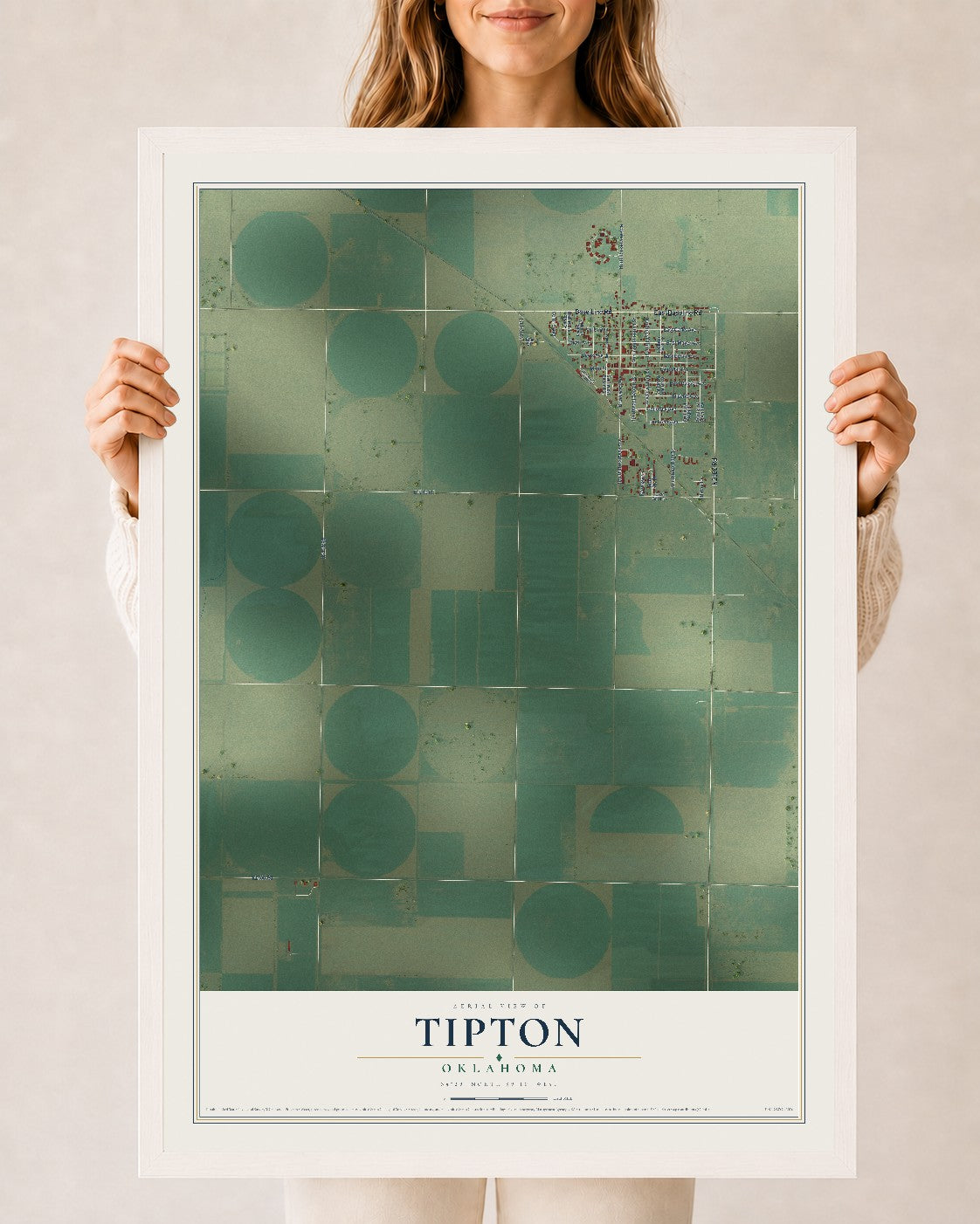 Map of Tipton, Oklahoma, 24 x 36 inch print in a white wood frame