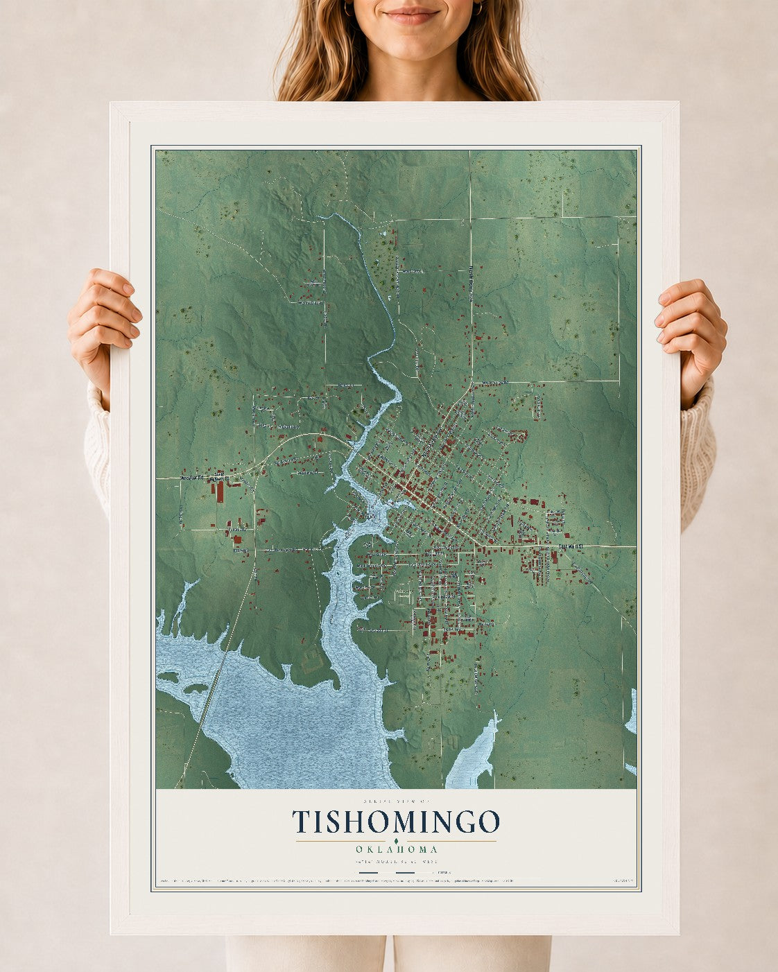 Map of Tishomingo, Oklahoma, 24 x 36 inch print in a white wood frame