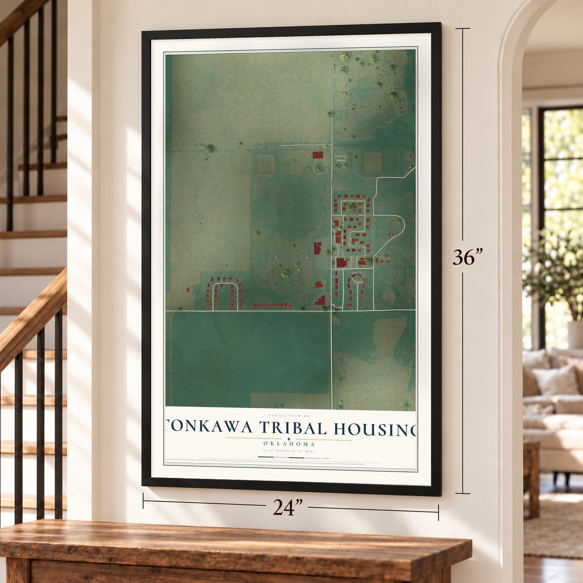 Tonkawa Tribal Housing, Oklahoma map, 24 x 36 inch print in a black frame by a staircase