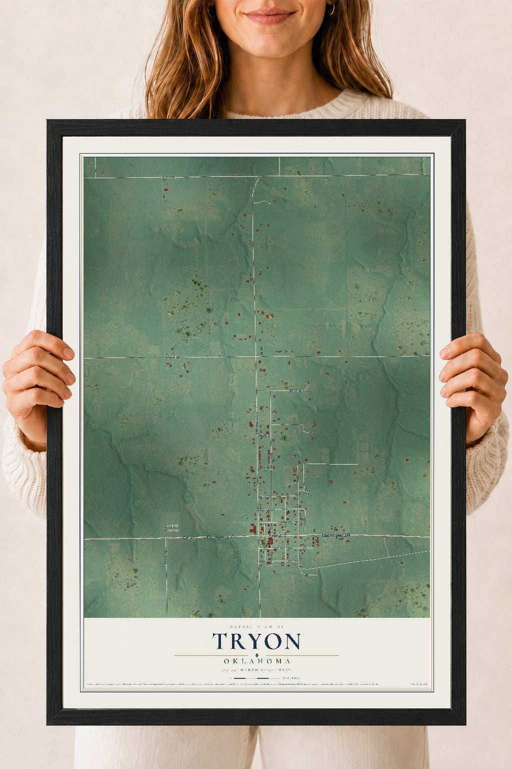 Map of Tryon, Oklahoma, 18 x 24 inch print in a black wood frame