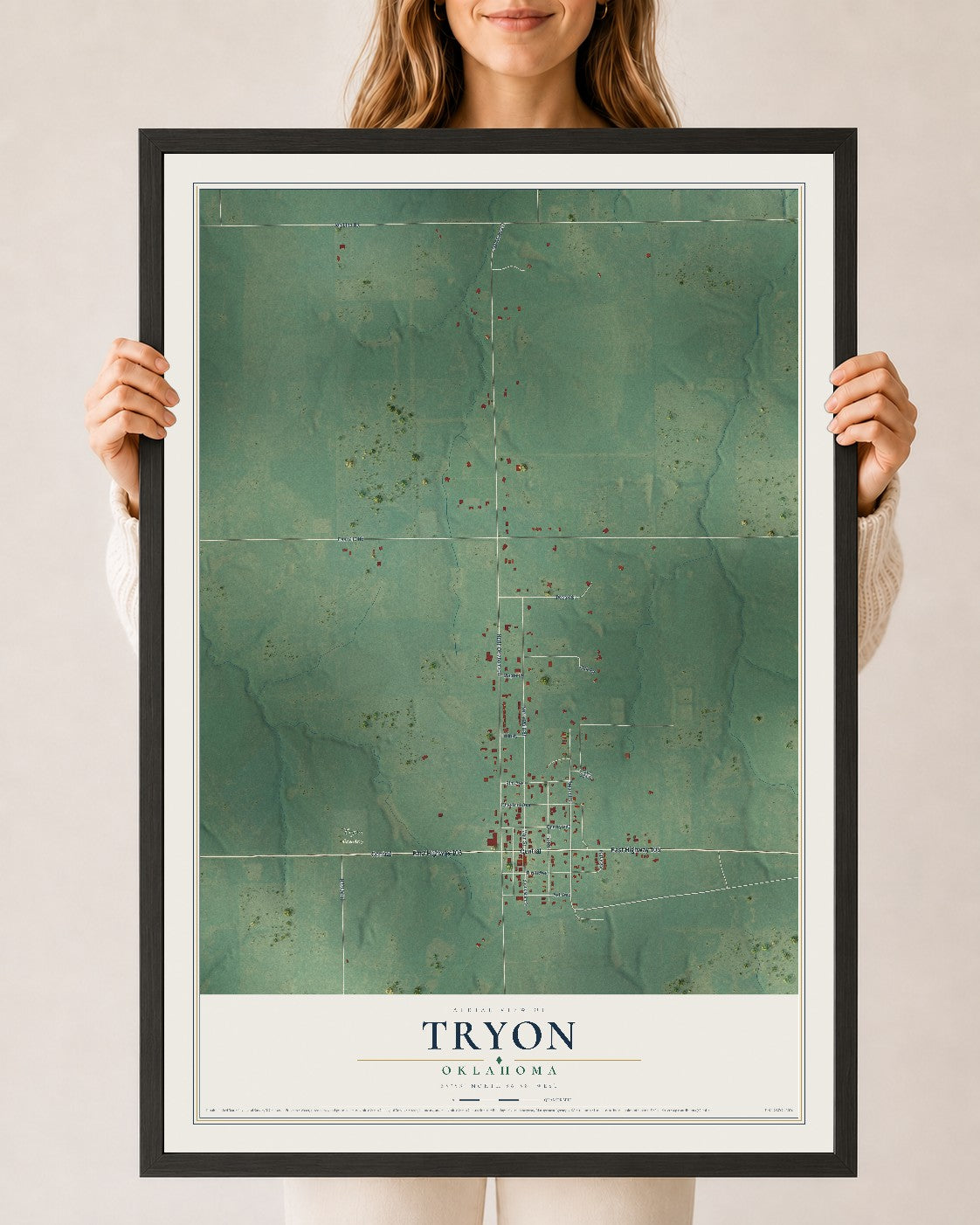 Map of Tryon, Oklahoma, 24 x 36 inch print in a black wood frame