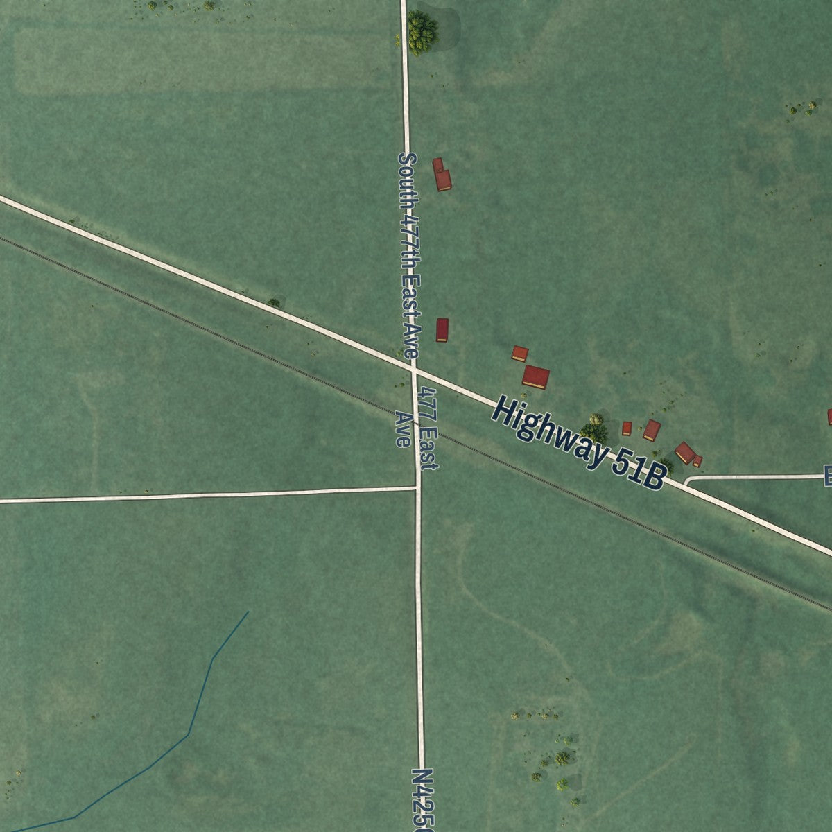 Second close-up of the map of Tullahassee, Oklahoma print showing more streets and buildings