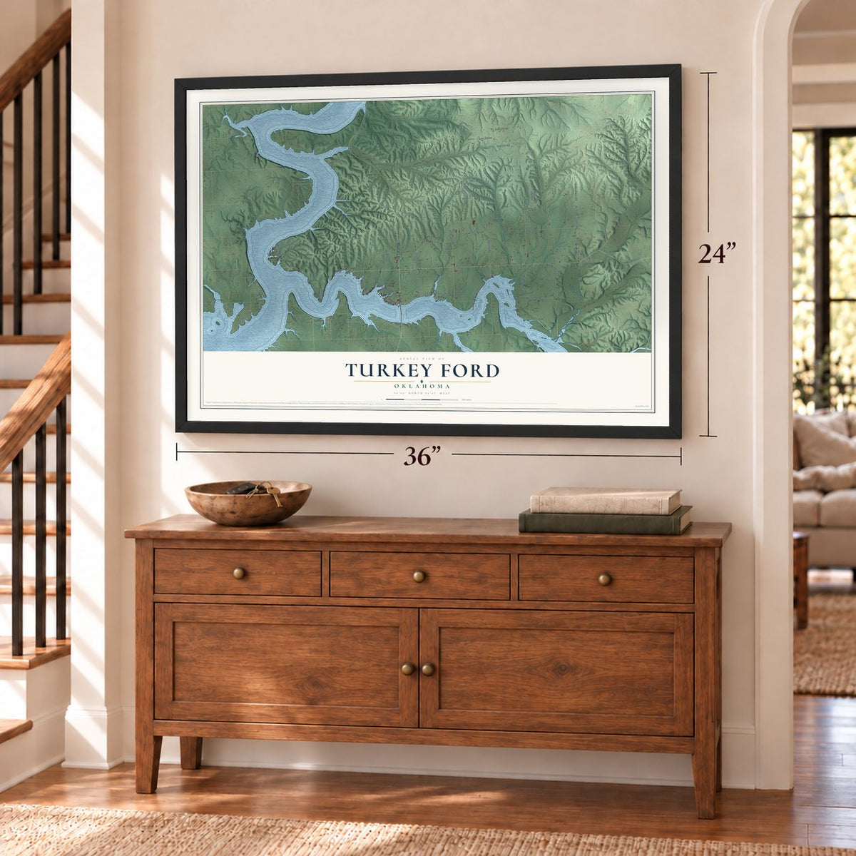 Turkey Ford, Oklahoma map, 24 x 36 inch print in a black frame above a dresser by a staircase