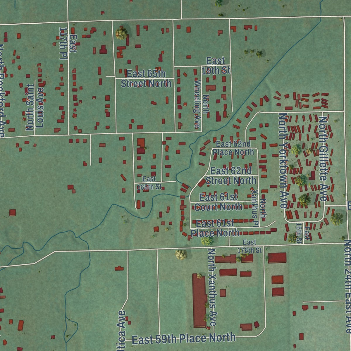 Close-up of the map of Turley, Oklahoma print showing street and building detail