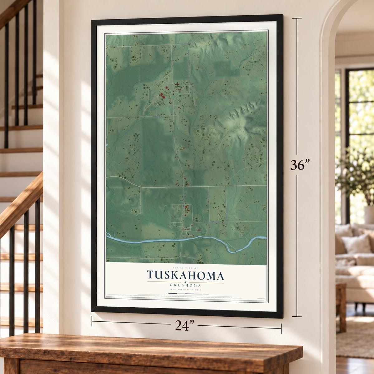 Tuskahoma, Oklahoma map, 24 x 36 inch print in a black frame by a staircase