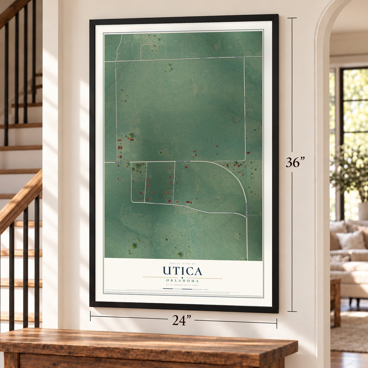 Utica, Oklahoma map, 24 x 36 inch print in a black frame by a staircase
