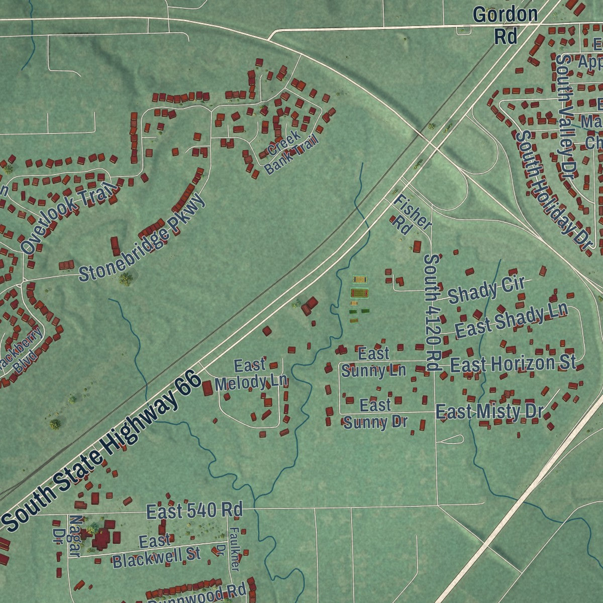 Close-up of the map of Verdigris, Oklahoma print showing street and building detail
